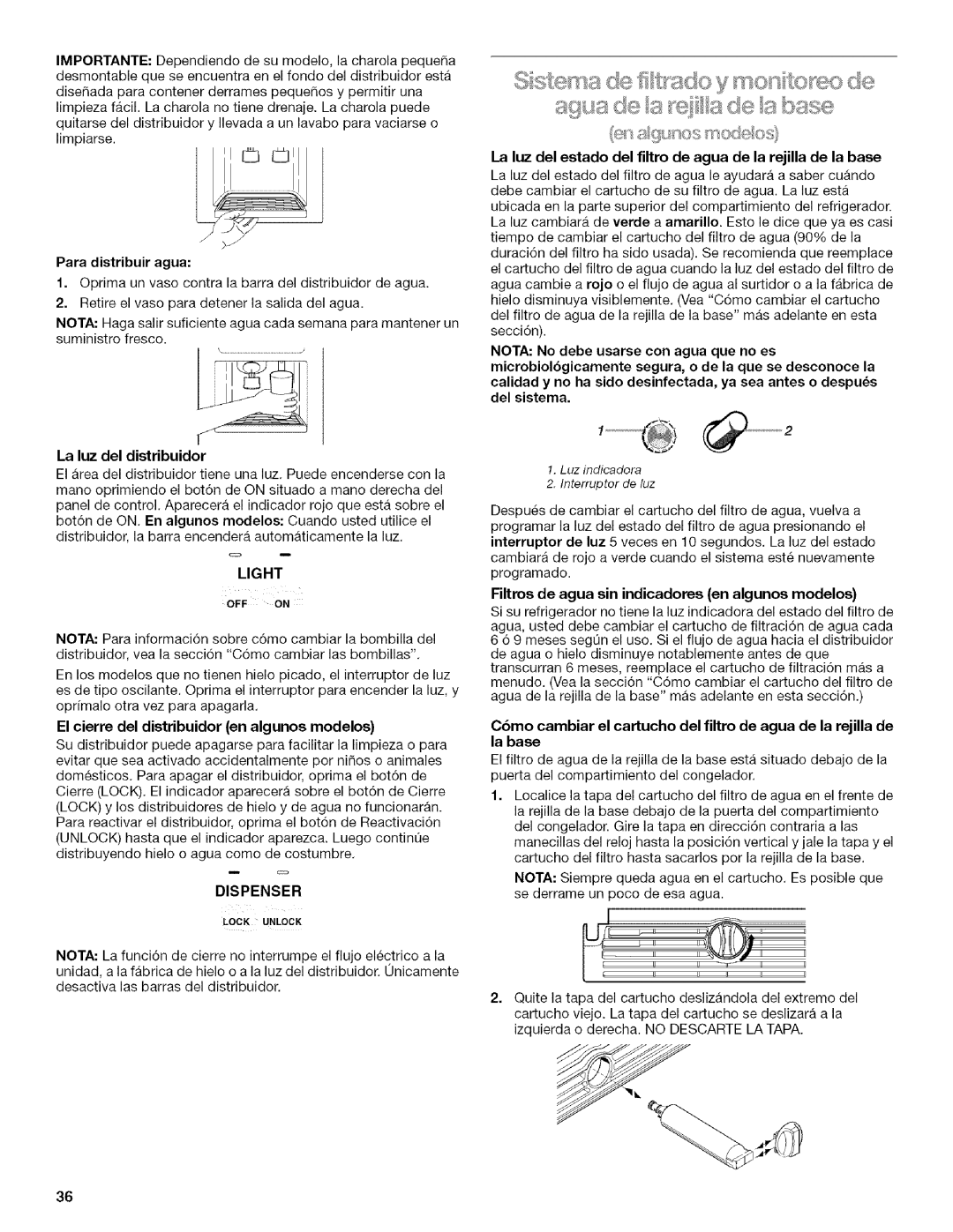 Kenmore 2205960 manual La luz del distribuidor, Filtros de agua sin indicadores en algunos modelos 