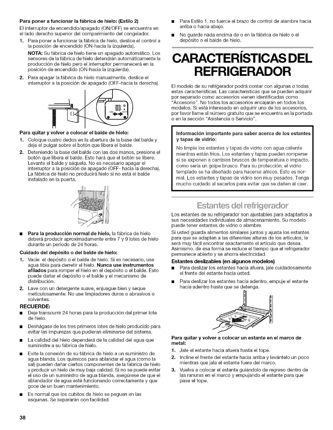 Kenmore 2205960 Para quitar y volver a colocar el balde de hielo, Cuidado del depbsito o del balde de hielo, Recuerde 