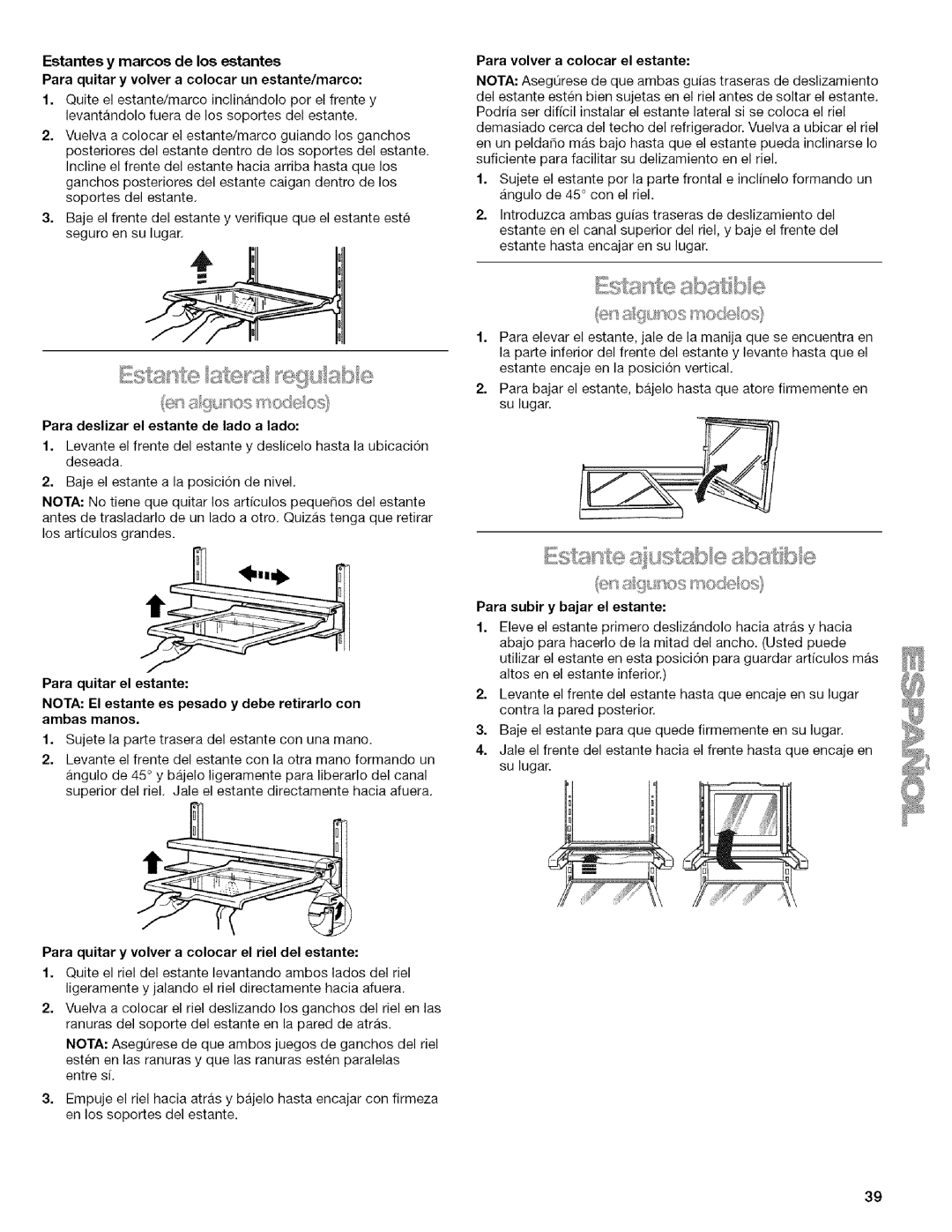 Kenmore 2205960 manual Para deslizar el estante de lado a lado, Para quitar y volver a colocar el riel del estante 