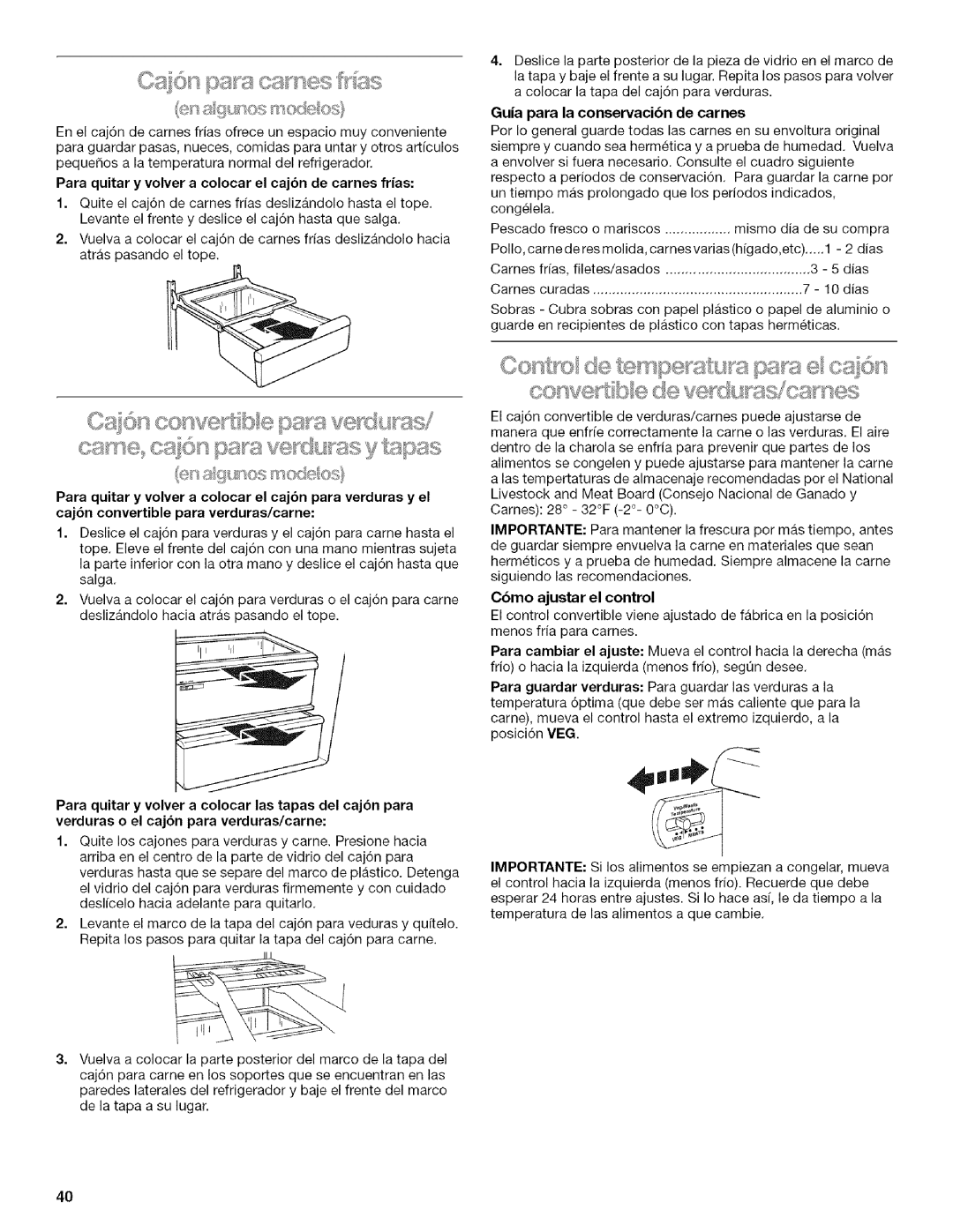 Kenmore 2205960 manual Para quitar y volver a colocar el cajbn de carnes frias, Guia para la conservacibn de carnes 