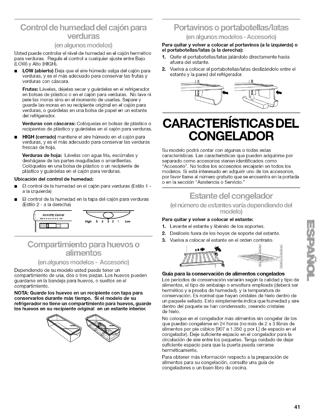 Kenmore 2205960 manual Ubicaci6n del control de humedad, Para quitar y volver a colocar el estante 