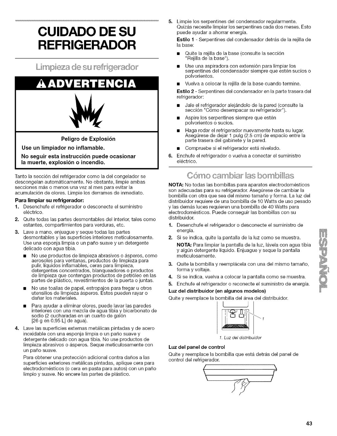 Kenmore 2205960 manual Cuidado DE SU Refrigerador, Para limpiar su refrigerador, Luz del distribuidor en algunos modelos 