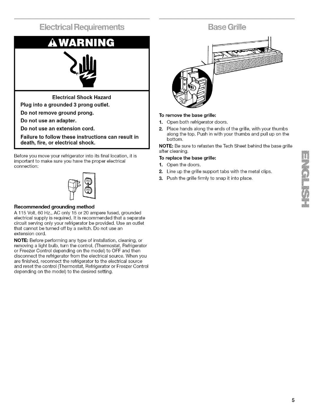 Kenmore 2205960 manual To remove the base grille, Recommended grounding method 