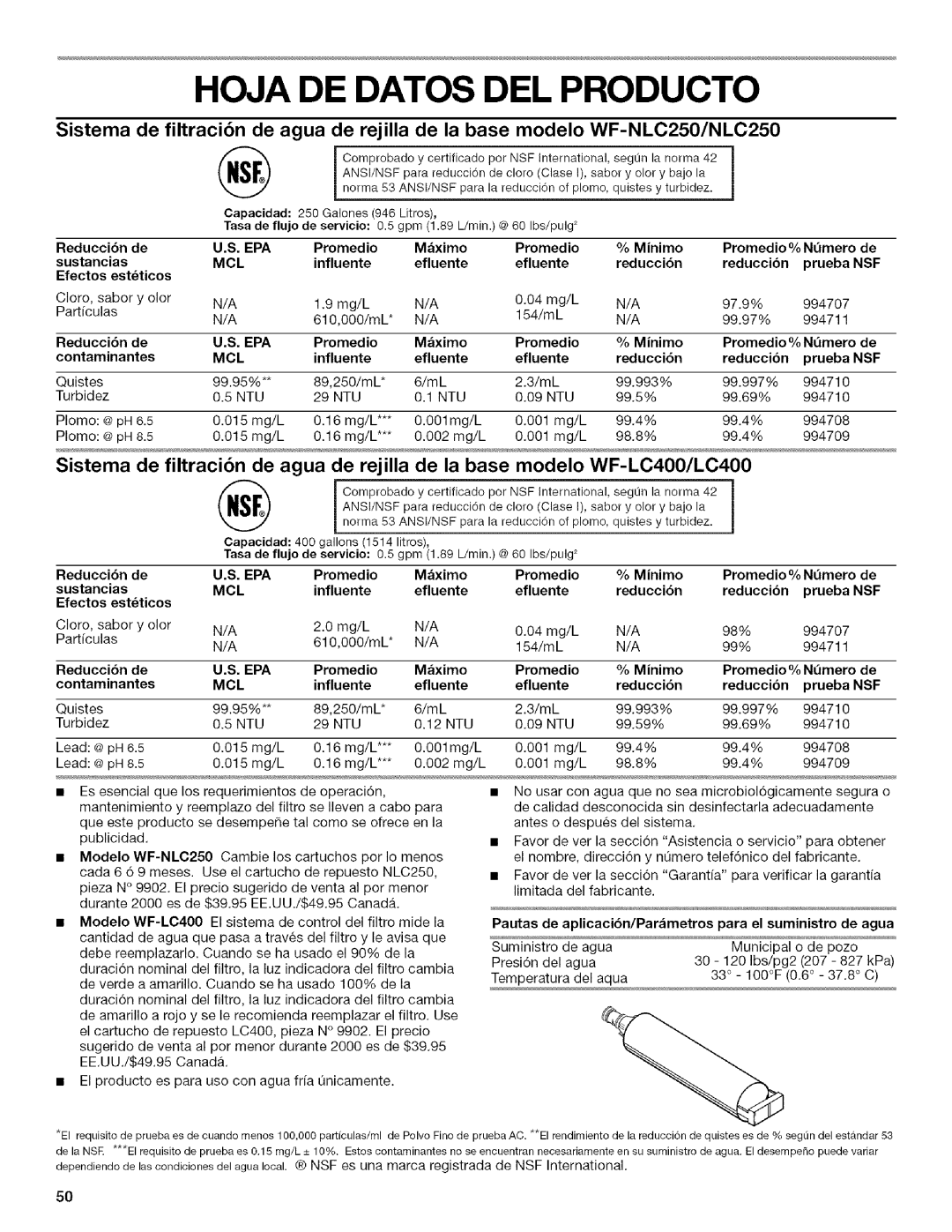 Kenmore 2205960 manual Hoja DE Datos DEL Producto, Nsf 