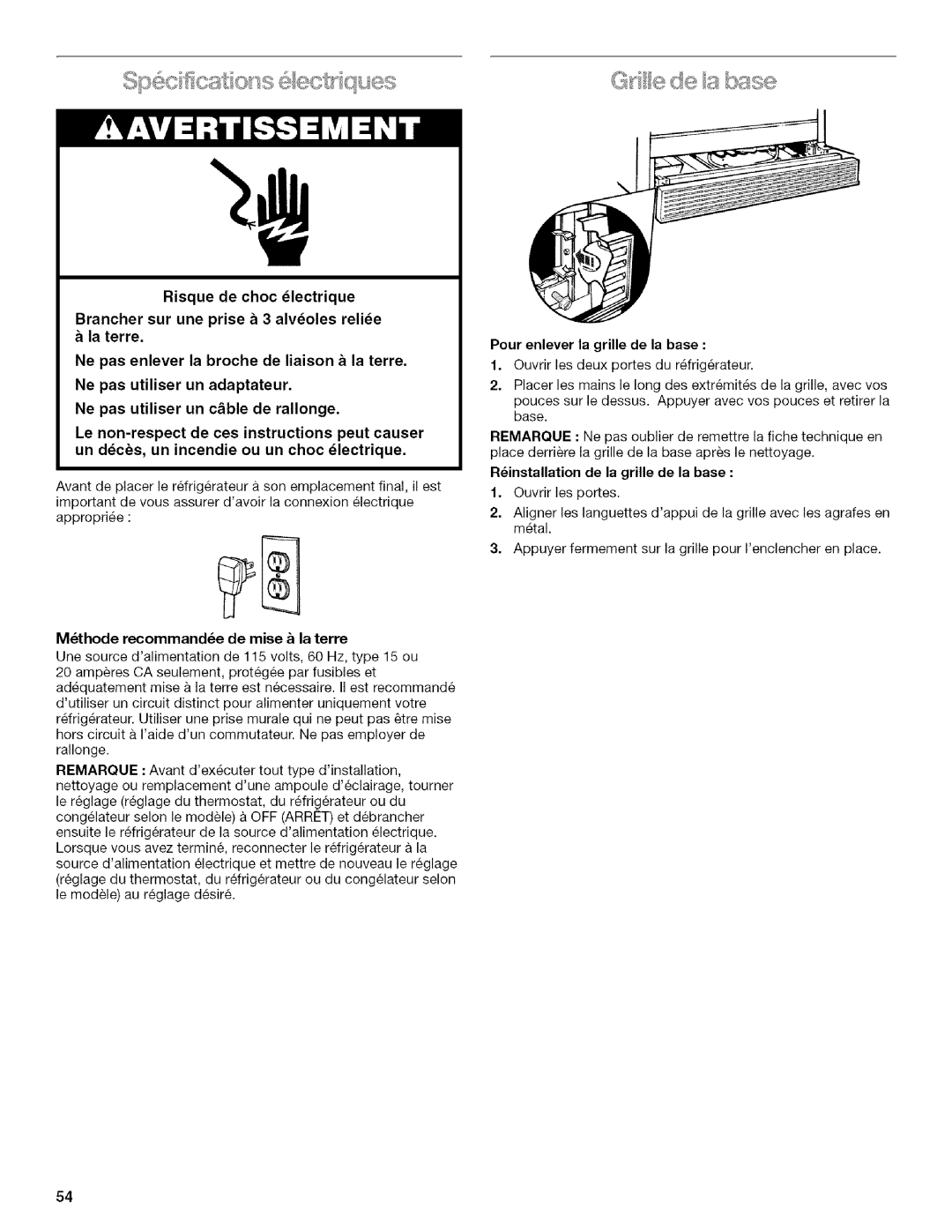 Kenmore 2205960 manual Mthode recommande de raise & la terre, Reinstallation de la grille de la base 