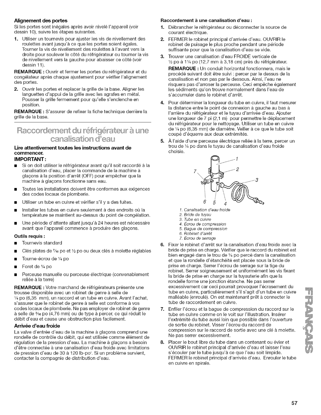 Kenmore 2205960 manual Outils requis, Arrive deau froide, Raccordement a une canalisation deau 