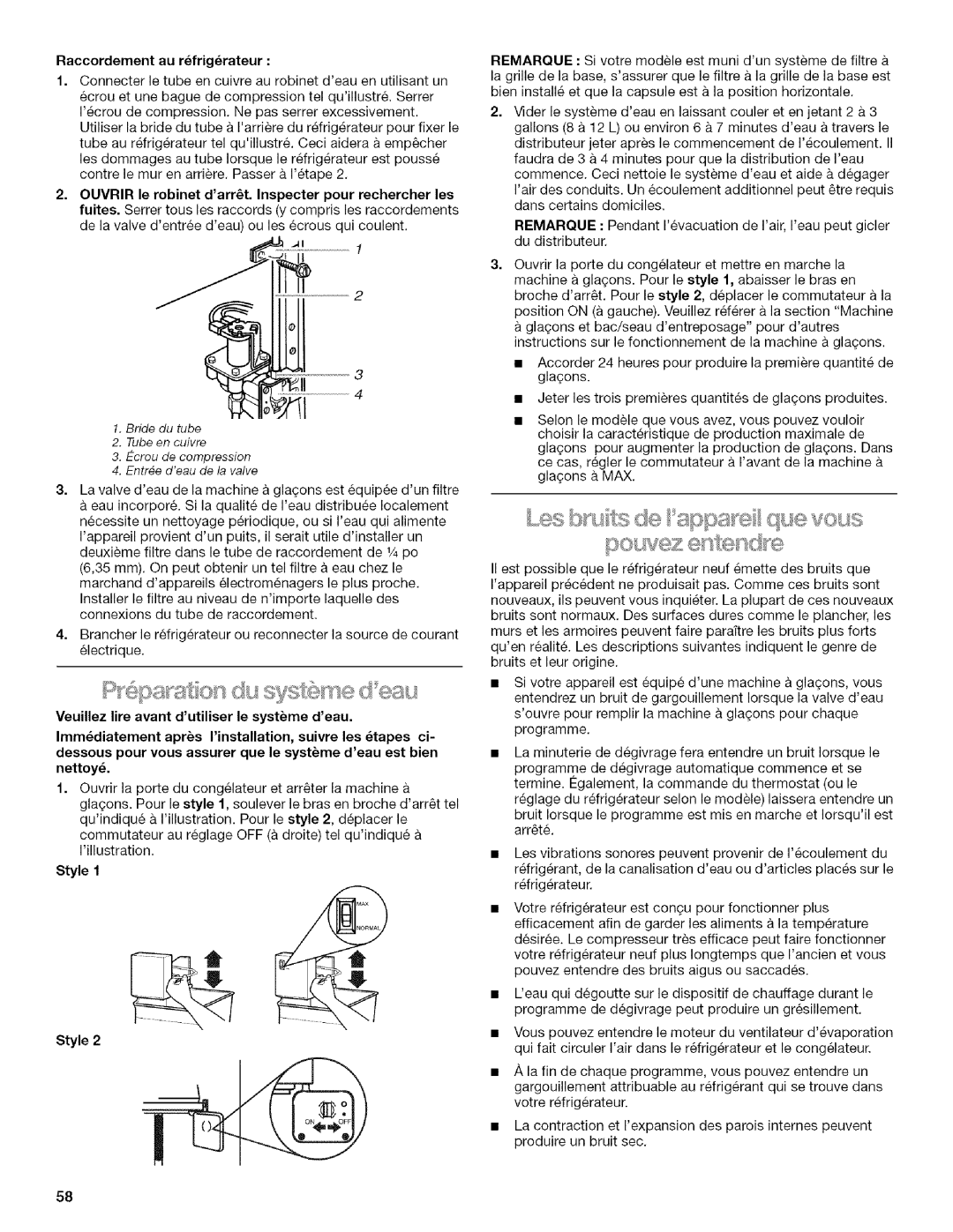 Kenmore 2205960 manual Raccordement au refrigrateur 