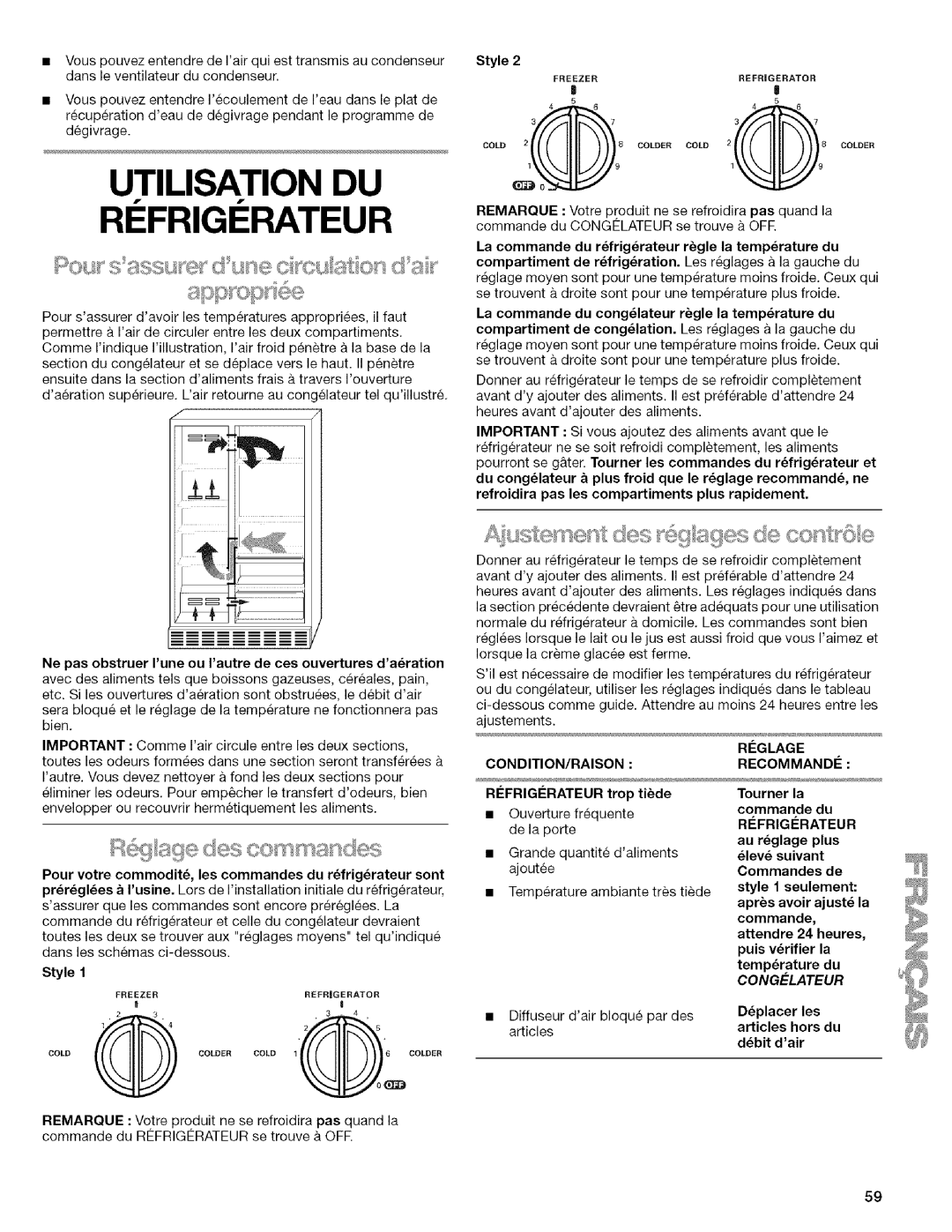 Kenmore 2205960 manual Utilisation DU RI Frigi Rateur, Condition/Raison, Reglage RECOMMAND¢ 