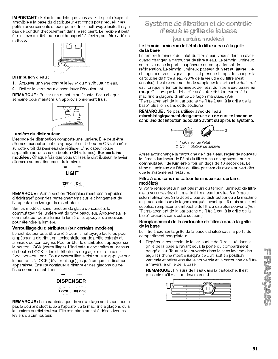 Kenmore 2205960 manual Le tmoin lumineux de Itat du filtre eau la grille de la base 