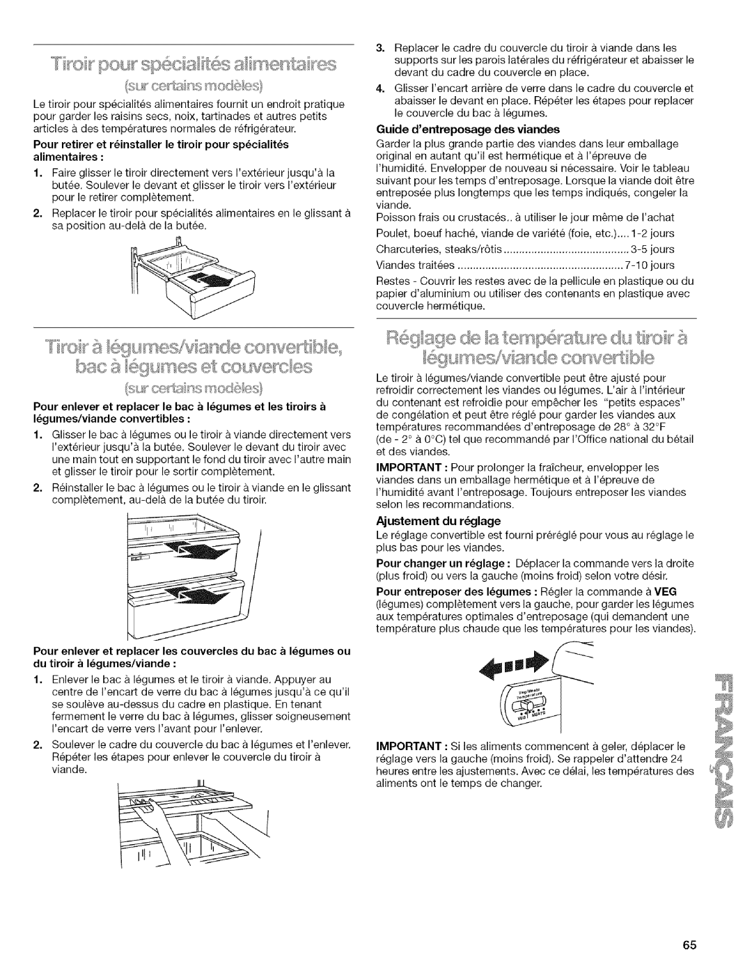 Kenmore 2205960 manual Guide dentreposage des viandes, Ajustement du r=jlage 