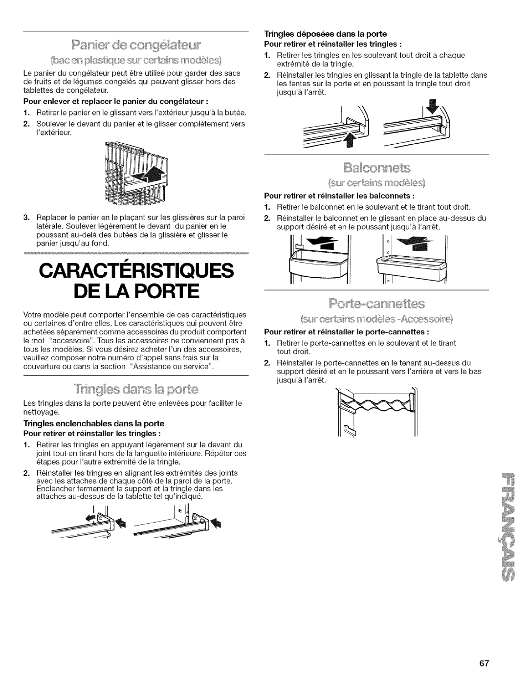 Kenmore 2205960 manual Pour enlever et replacer le panier du conglateur, Pour retirer et rinstaller les balconnets 