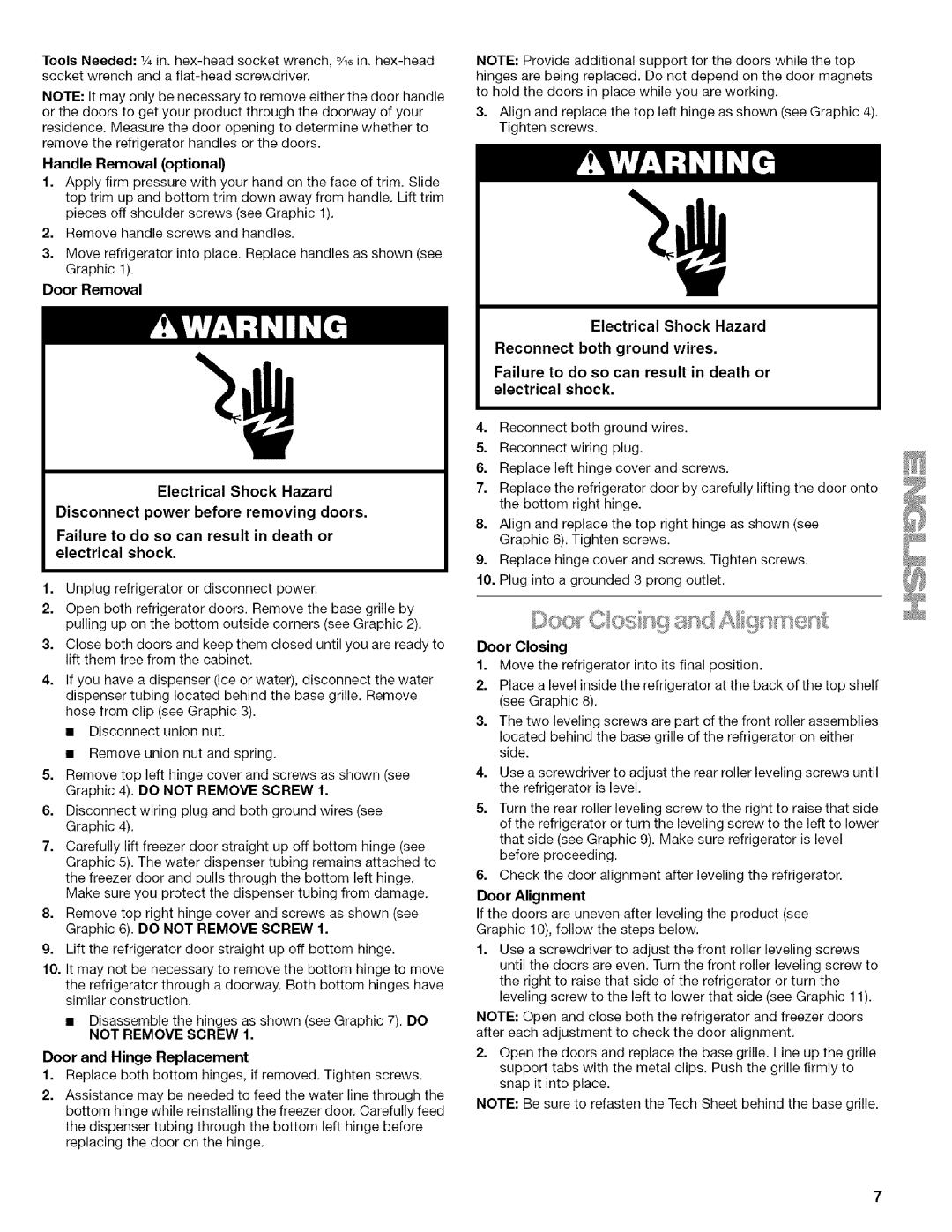 Kenmore 2205960 manual Door Removal, Door and Hinge Replacement, Door Alignment 