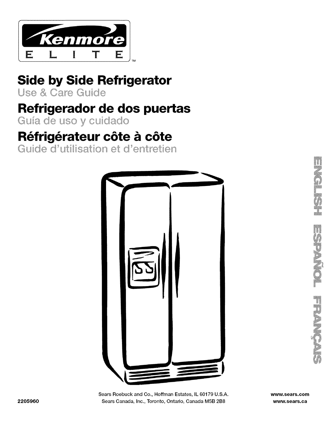 Kenmore 2205960 manual Side by Side Refrigerator, Refrigerador de dos puertas, R_frig_rateur c6te & c6te, E L I T E 