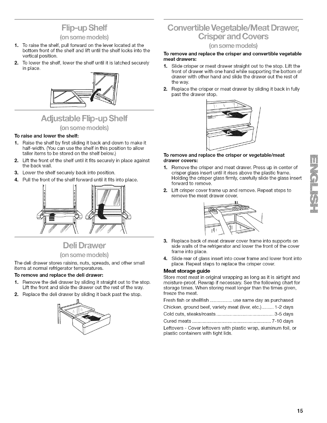 Kenmore 2205960 manual To raise and lower the shelf, Meat storage guide 
