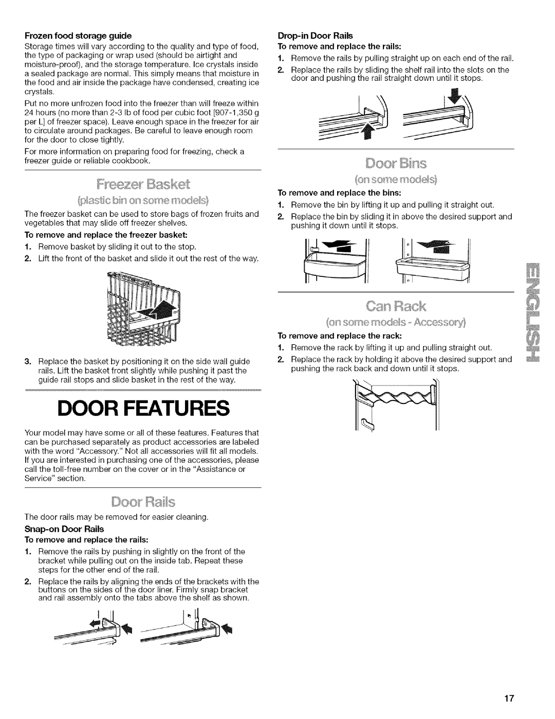 Kenmore 2205960 manual Door Features, Frozen food storage guide, To remove and replace the freezer basket 