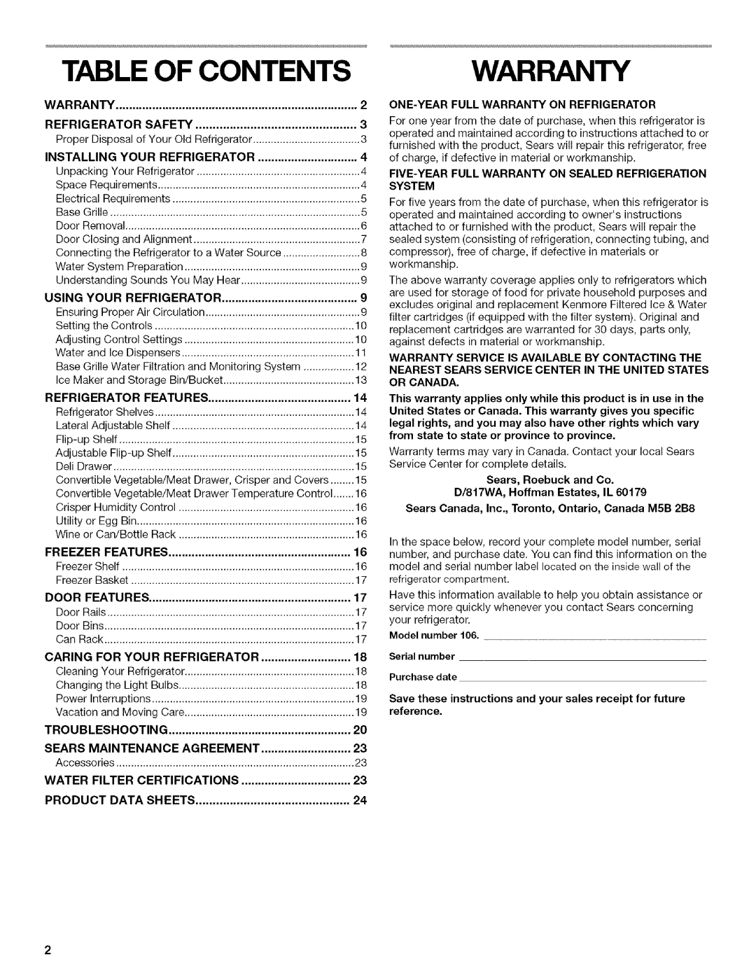 Kenmore 2205960 manual Warranty, Table Of Contents, Product Data Sheets 