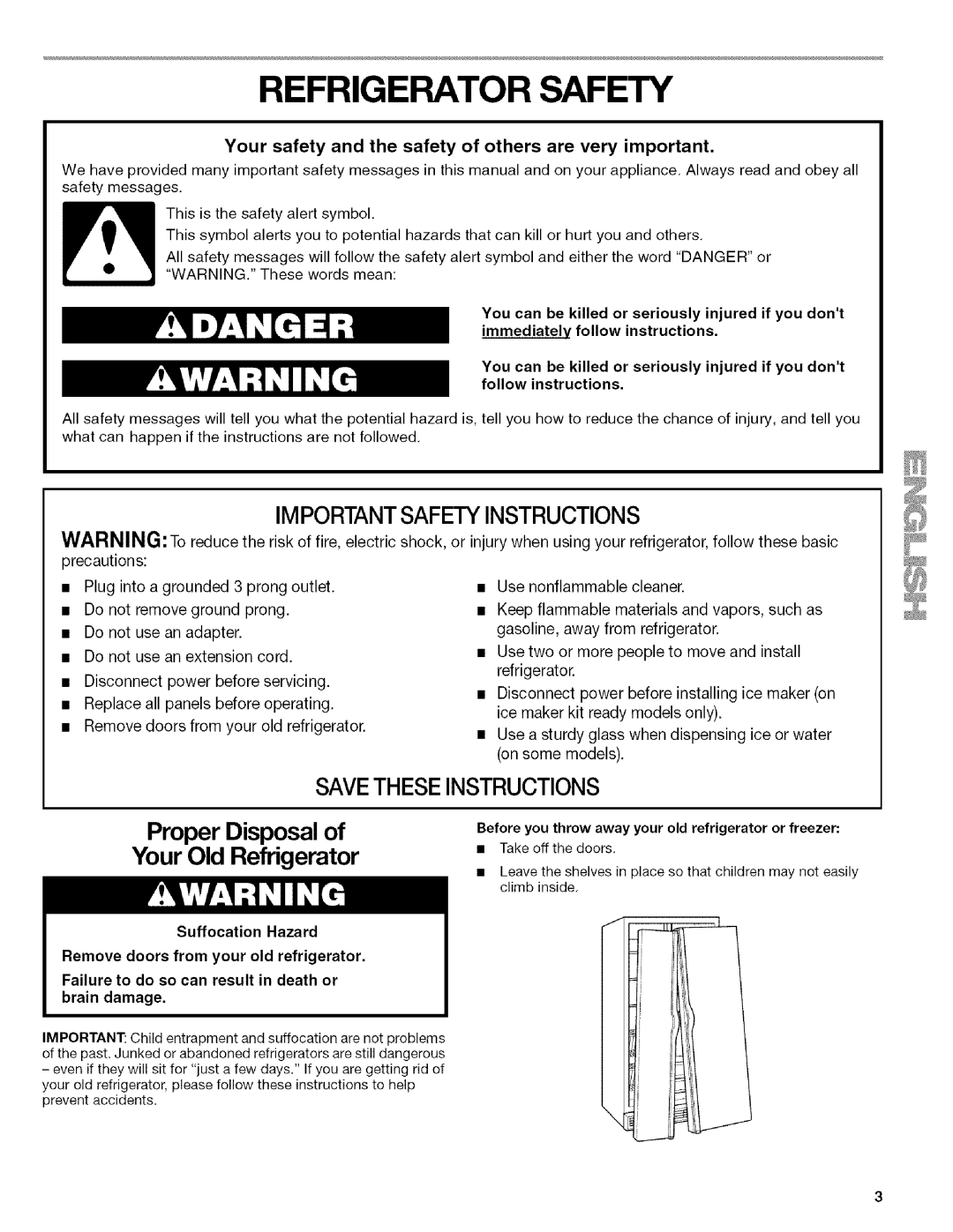 Kenmore 2205960 manual Refrigerator Safety, Savetheseinstructions, Proper Disposal of Your Old Refrigerator 