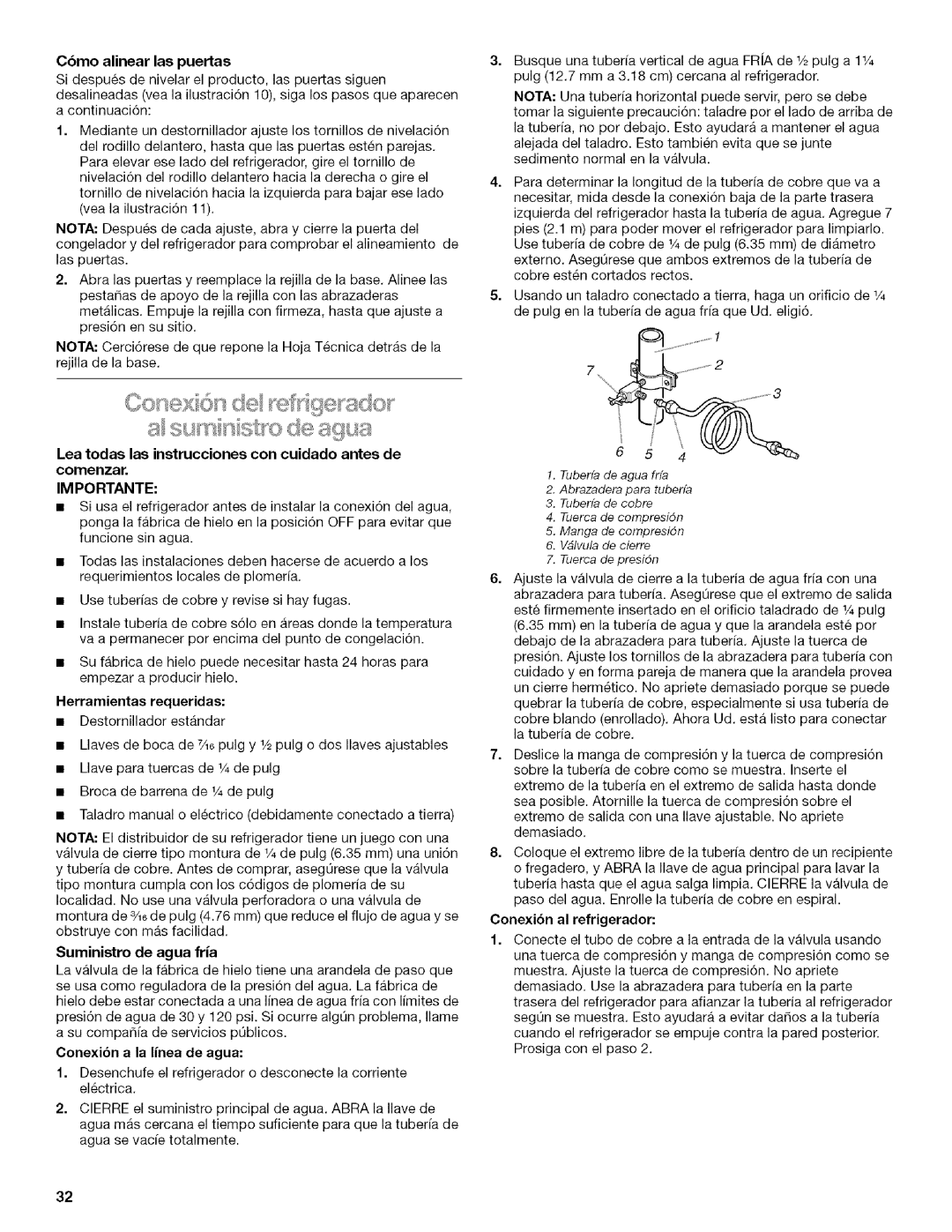 Kenmore 2205960 manual Lea todas las instrucciones con cuidado antes de, 6 1.Tuberfade agua frfa 2.Abrazadera para tuberfa 