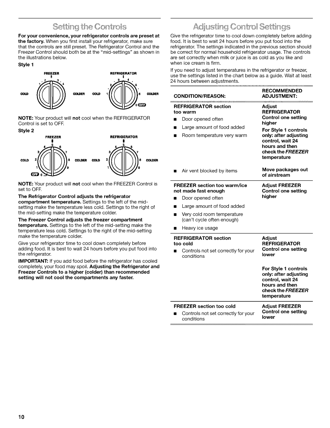 Kenmore 10650559001, 2211835, 10659069993, 10650552000, 10650544001 manual Condition/Reason, Recommended Adjustment 