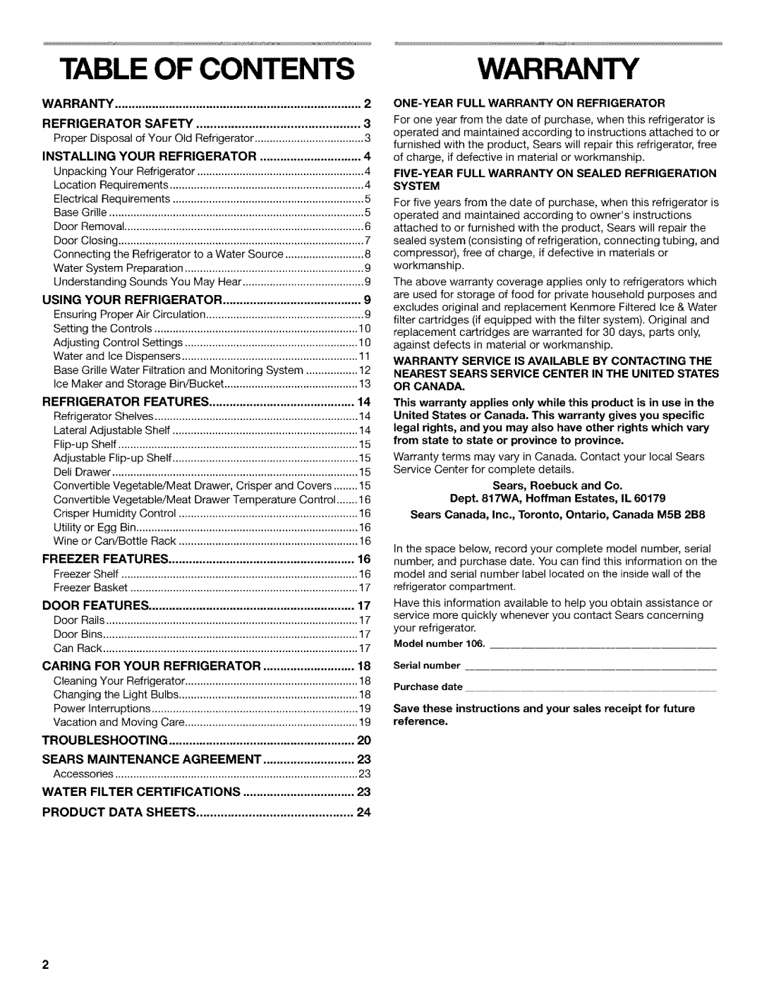 Kenmore 10650552000, 2211835, 10659069993, 10650544001, 10650559001 manual Table of Contents, Warranty 