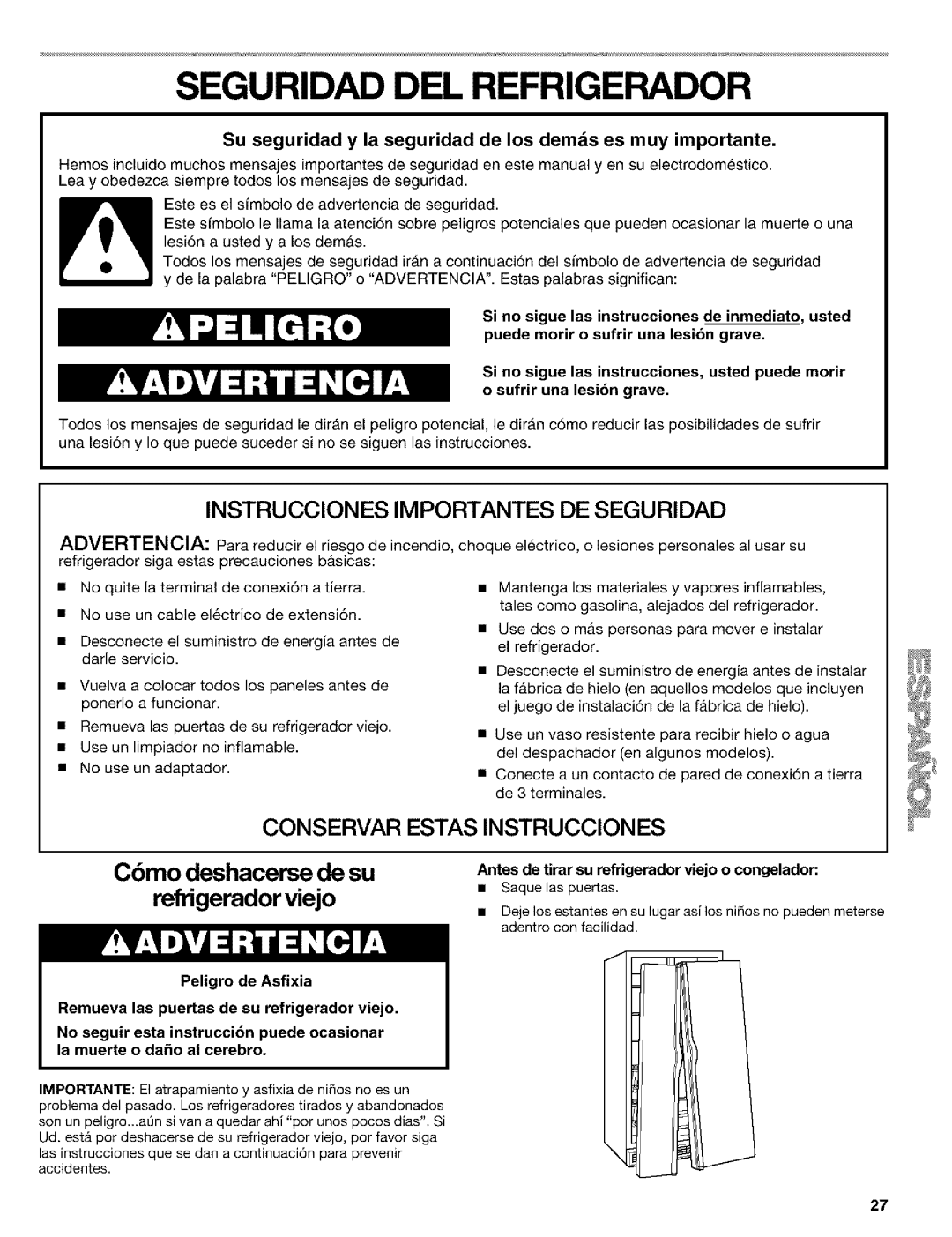 Kenmore 10650544001, 2211835, 10659069993, 10650552000 manual Seguridad DEL Refrigerador, Antes de tirar, Viejo Congelador 