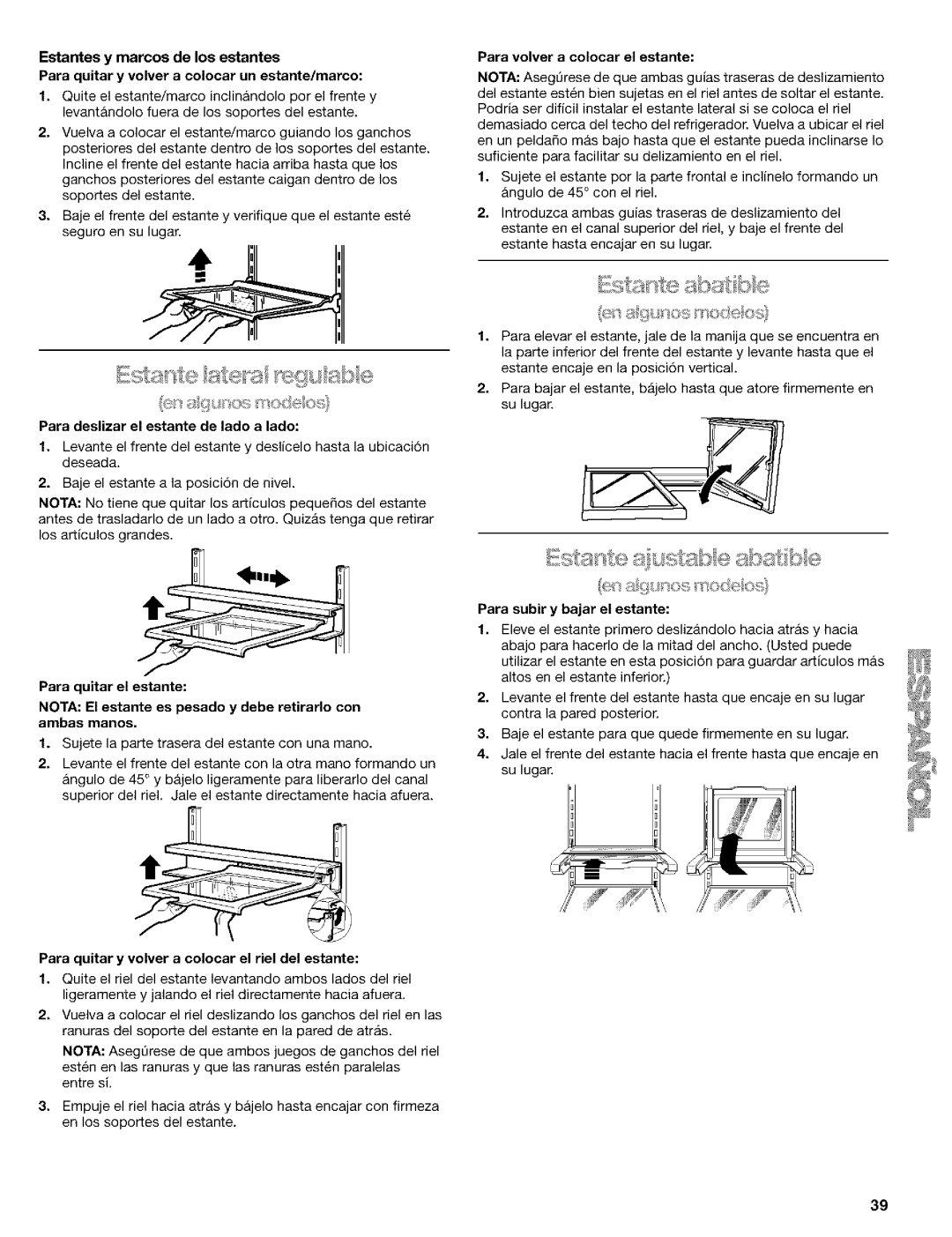 Kenmore 10650544001, 2211835, 10659069993 manual Para deslizar el estante de lado a lado, Para volver a colocar el estante 