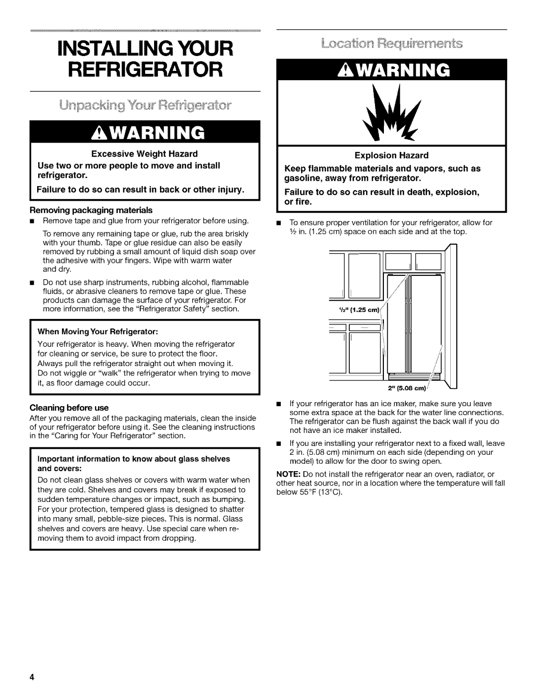 Kenmore 10650559001, 2211835, 10659069993 Installing Your Refrigerator, When Moving Your Refrigerator, Cleaning before use 