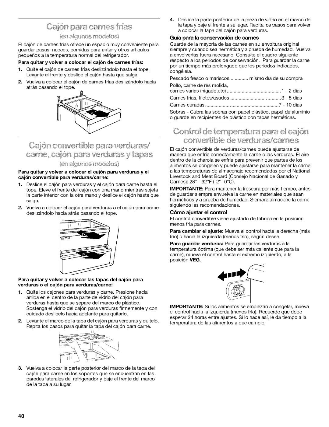 Kenmore 10650559001, 2211835 Para quitar y volver a colocar el cajbn de carnes frias, Guia para la conservacibn de carnes 