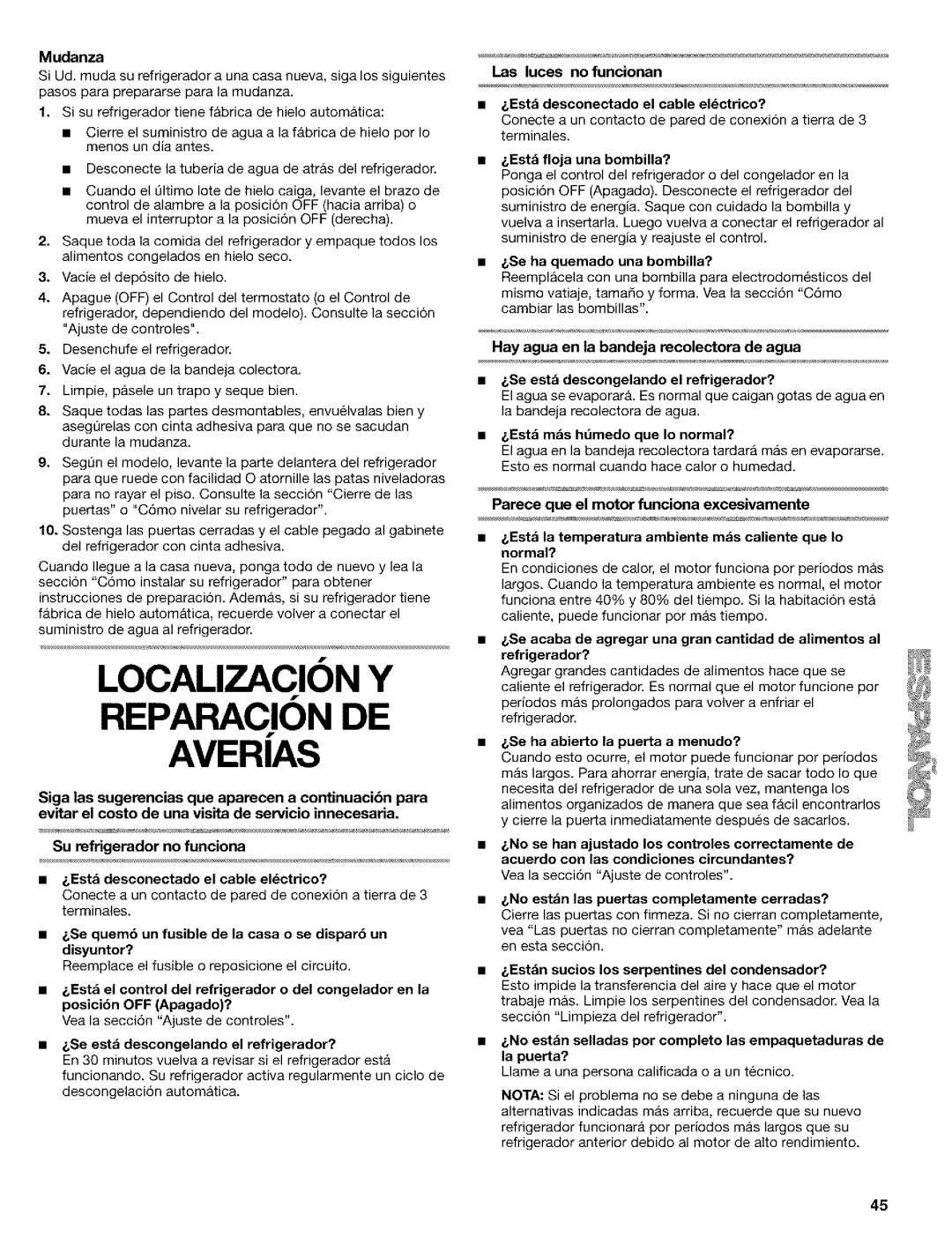 Kenmore 10650544001, 2211835, 10659069993, 10650552000, 10650559001 manual Localizacion Y Reparacion DE Averias 