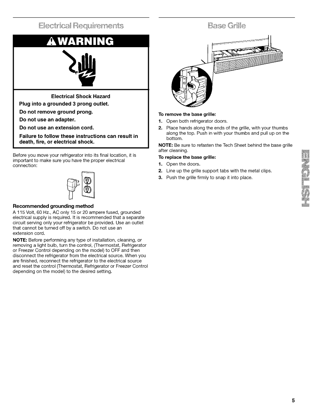 Kenmore 2211835, 10659069993, 10650552000, 10650544001 manual Recommended grounding method, To remove the base grille 