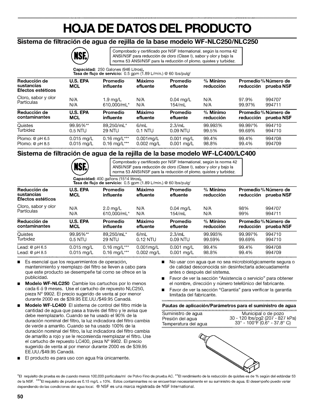 Kenmore 10650552000, 2211835, 10659069993, 10650544001, 10650559001 manual Hoja DE Datos DEL Producto, Epa, Nsf 