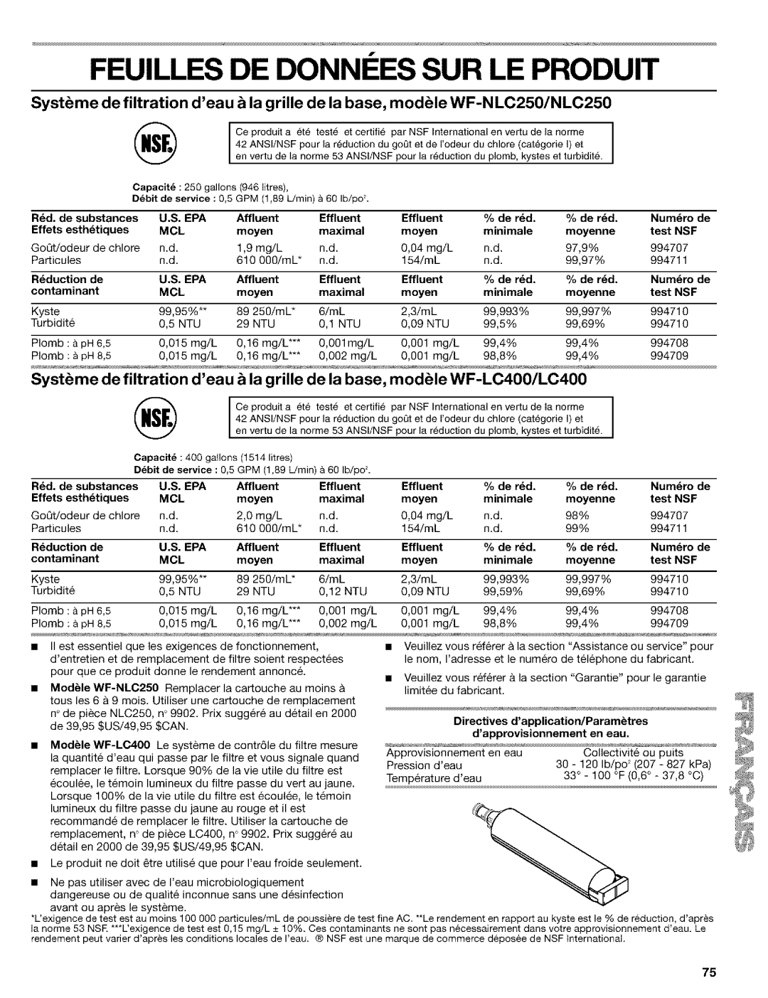 Kenmore 10650544001, 2211835, 10659069993, 10650552000, 10650559001 manual Feuilles DE Donnees SUR LE Produit 