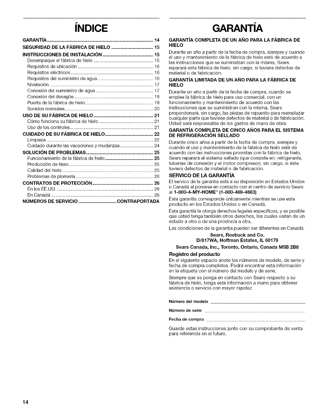 Kenmore 10689489997 Seguridad DE LA F/.BRICA DE Hielo Instrucciones, Cuidado, Solucion, Nomeros DE Servicio Contraportada 