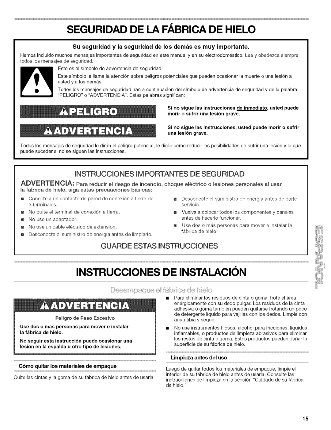 Kenmore 2217402A, 10689482996, 10689489997 manual Seguridad DE LA Fabrica DE Hielo, Instrucciones DE Instalacion, Limpieza 