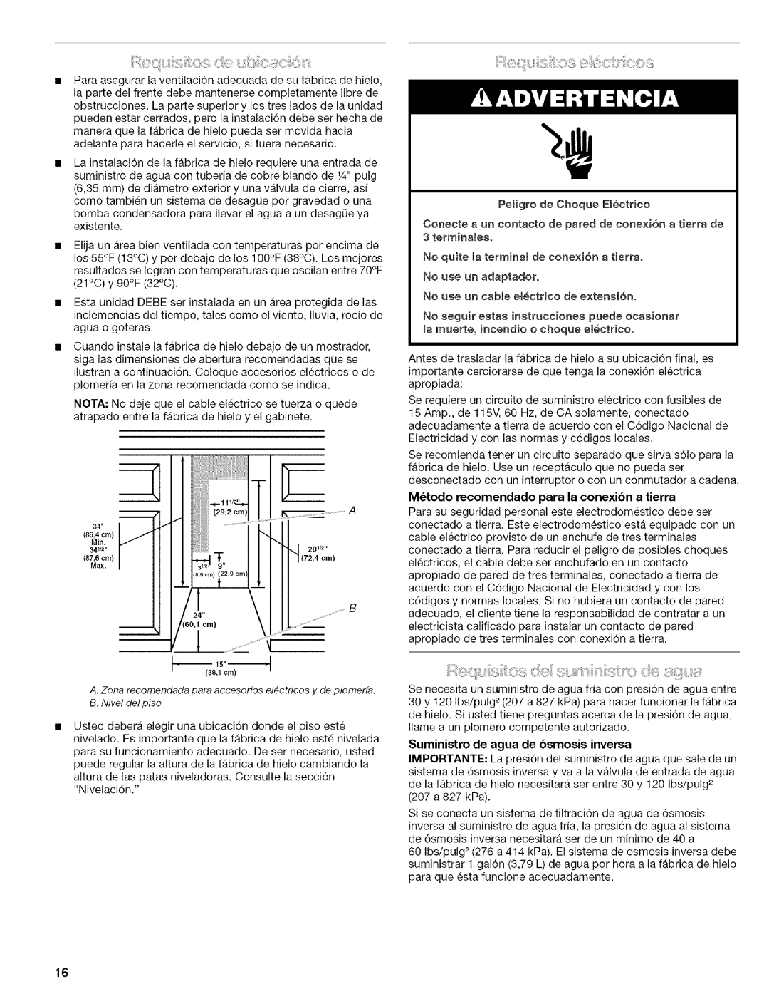 Kenmore 10689482996, 2217402A manual Mtodo recomendado para la conexibn a tierra, Suministro de agua de 6smosis inversa 