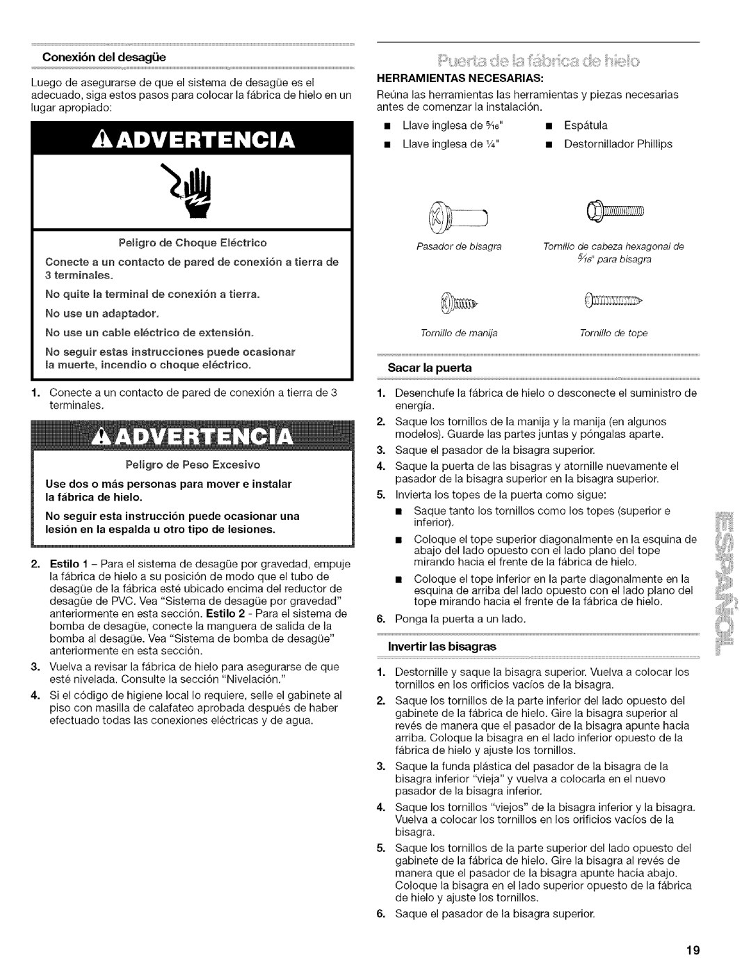 Kenmore 10689482996, 2217402A manual Conexibn del desagi.ie, No use un cable electrico de extensi6n, Herramientas Necesarias 