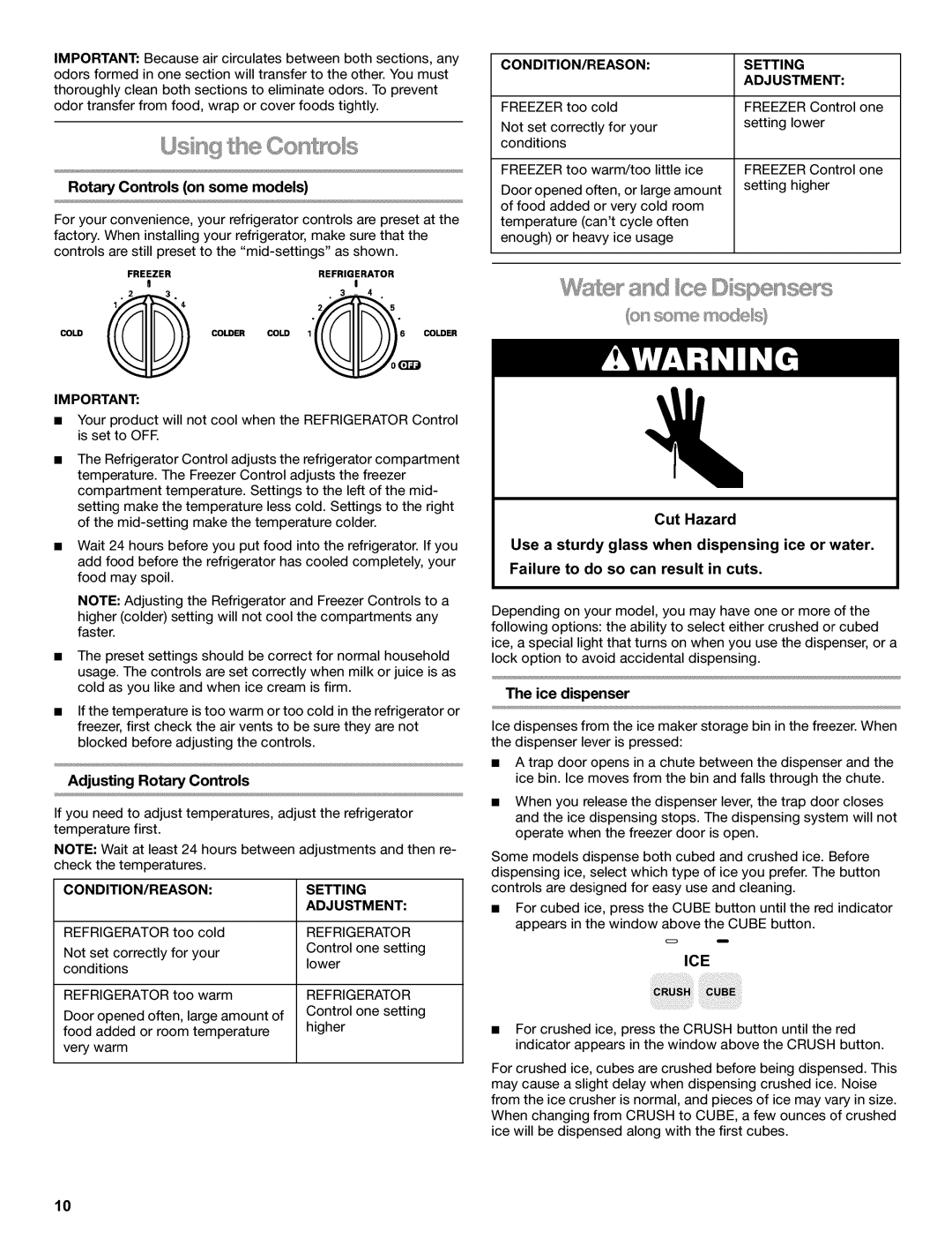 Kenmore 2220698 manual CBeOont sb, Adjusting Rotary Controls, Ice dispenser 