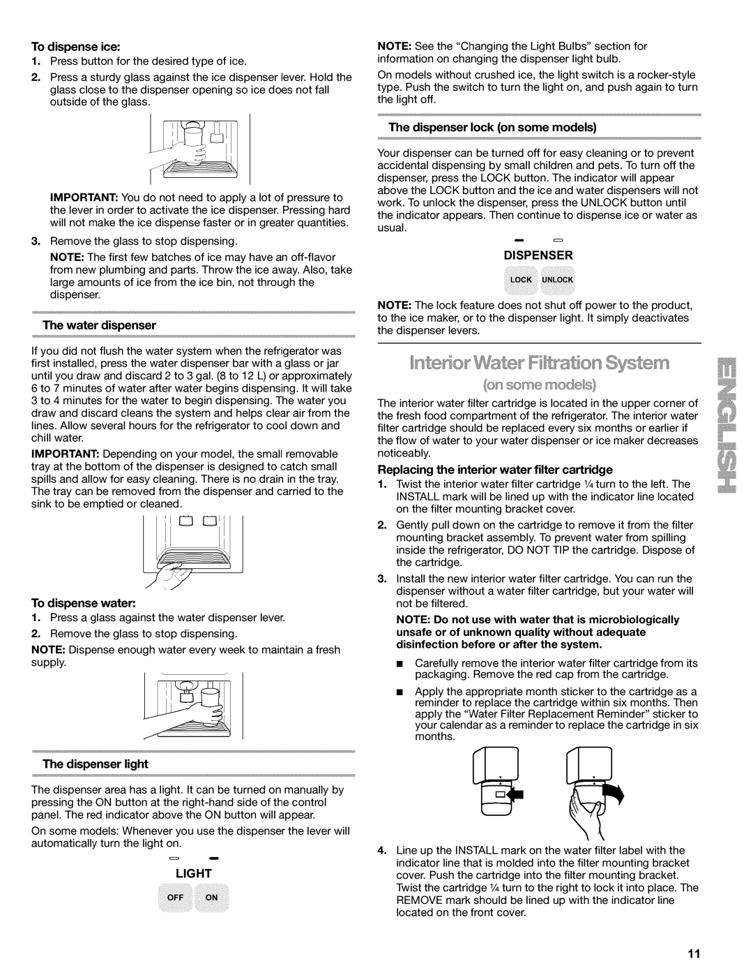 Kenmore 2220698 manual £ion S @m, Water dispenser, Dispenser light, Dispenser lock on some models 