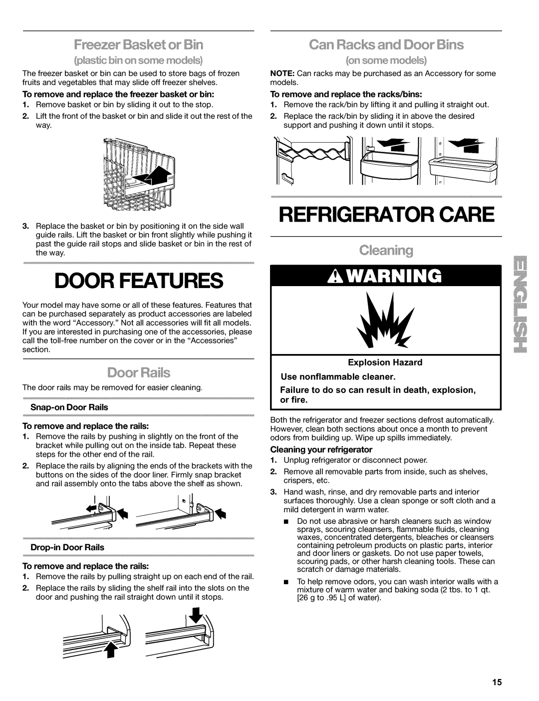 Kenmore 2220698 manual Refrigerator Care, Oan and Doo Bns, Drop-in Door Rails 