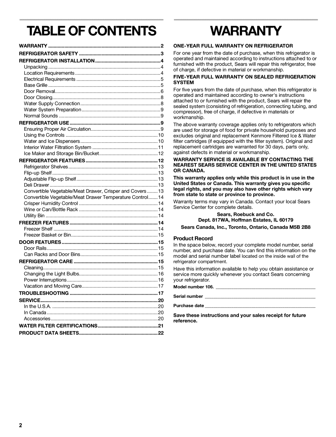 Kenmore 2220698 manual Contents, Warranty 