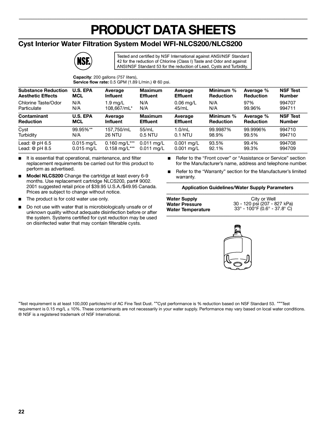 Kenmore 2220698 manual Product Data, Epa, Mcl 