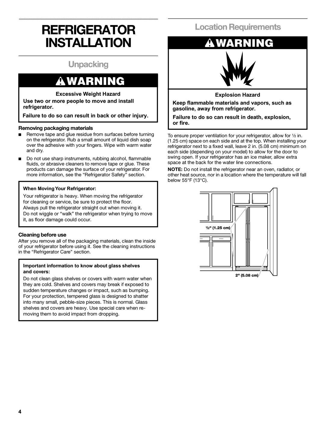 Kenmore 2220698 manual Removing packaging materials, When Moving Your Refrigerator, Cleaning before use 