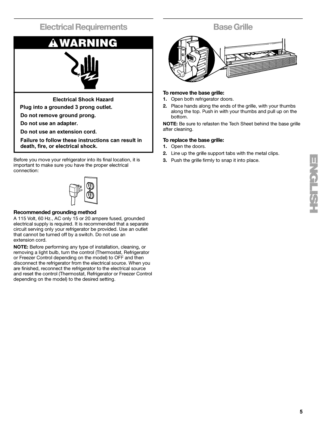 Kenmore 2220698 manual To remove the base grille, Recommended grounding method 