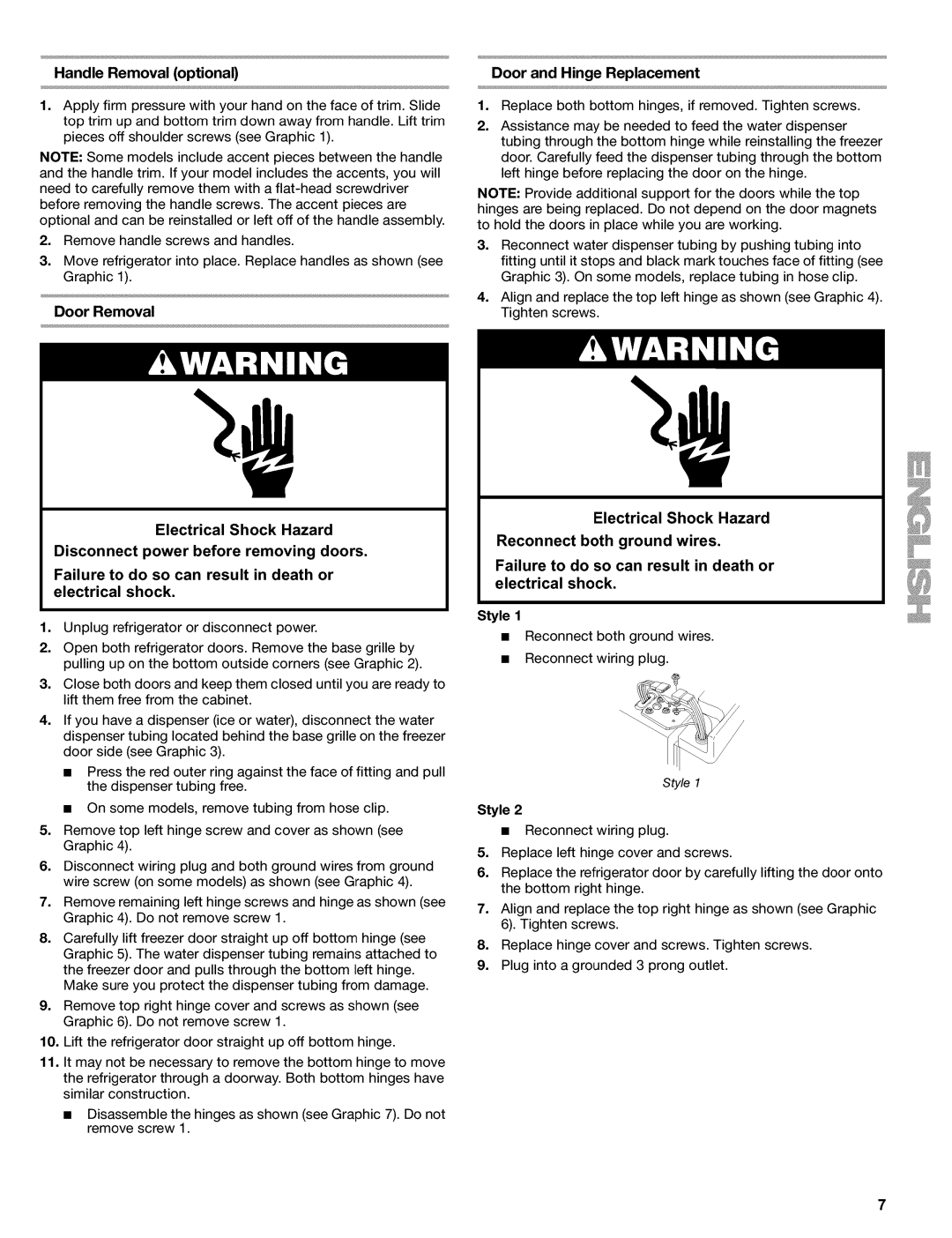 Kenmore 2220698 manual Handle Removal optional, Door and Hinge Replacement, Style 