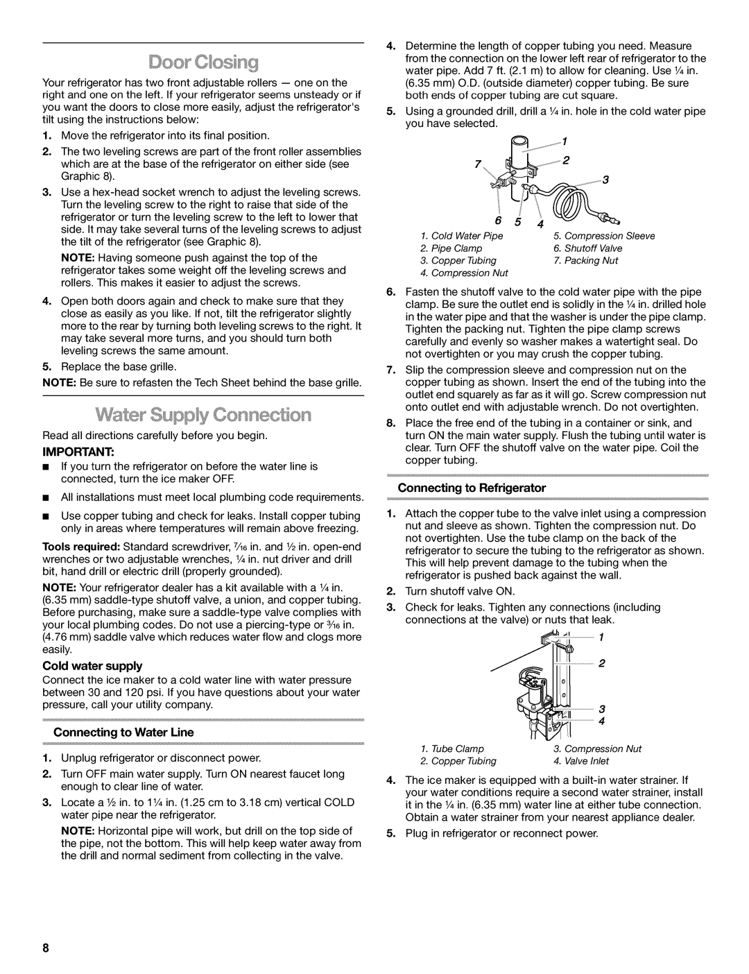 Kenmore 2220698 manual Supply, Connecting to Refrigerator, Connecting to Water Line, Cold water supply 