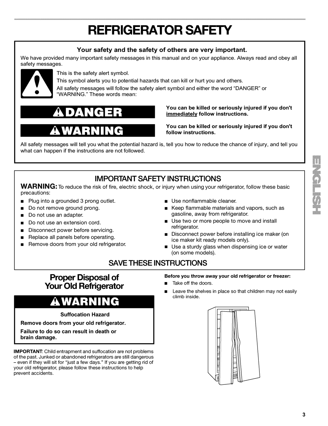 Kenmore 2220698 manual Refrigerator Safety, Im Portant Safety Instructions, Save These Instructions, Suffocation Hazard 