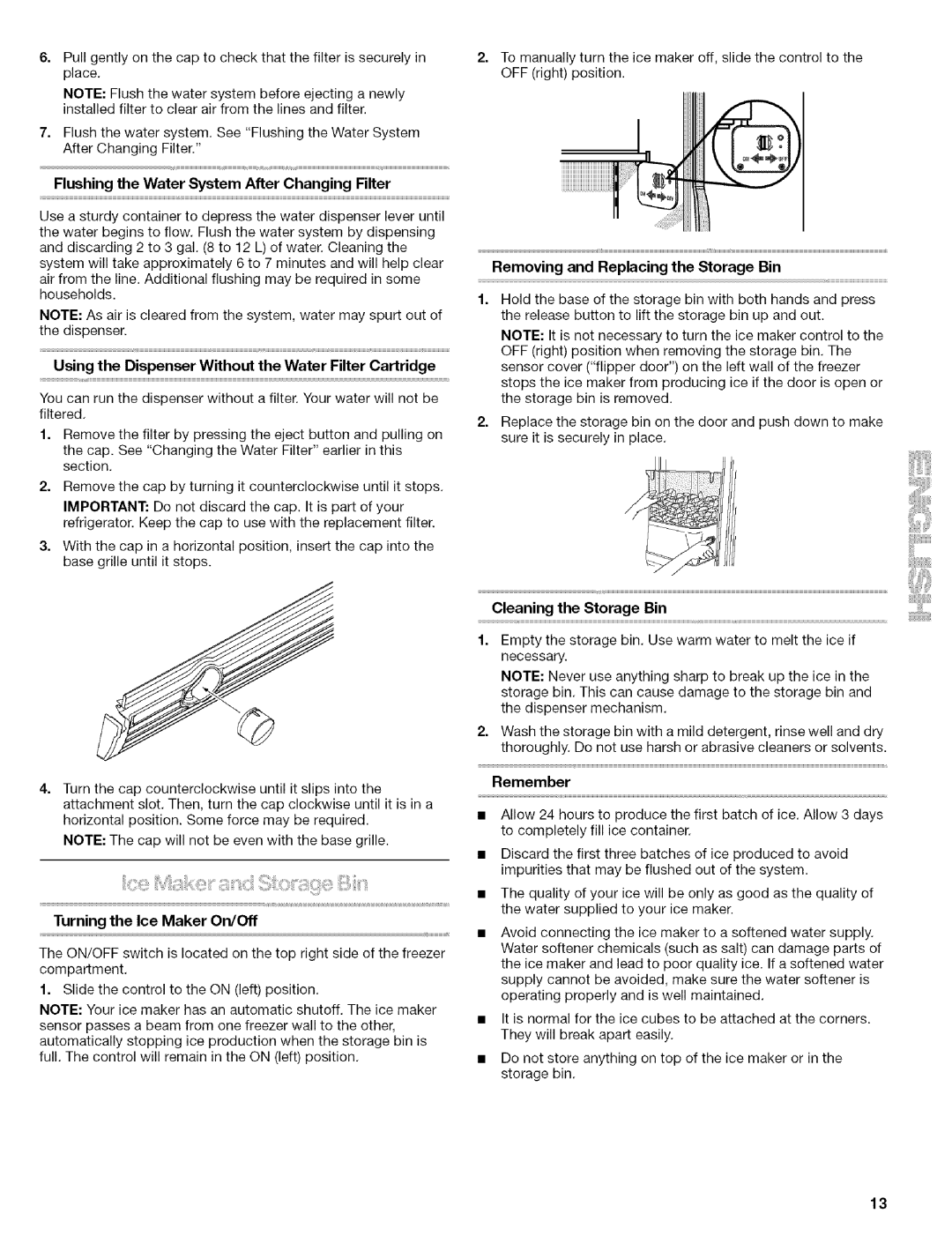 Kenmore 2305761A Flushing the Water System After Changing Filter, Using the Dispenser Without the Water Filter Cartridge 