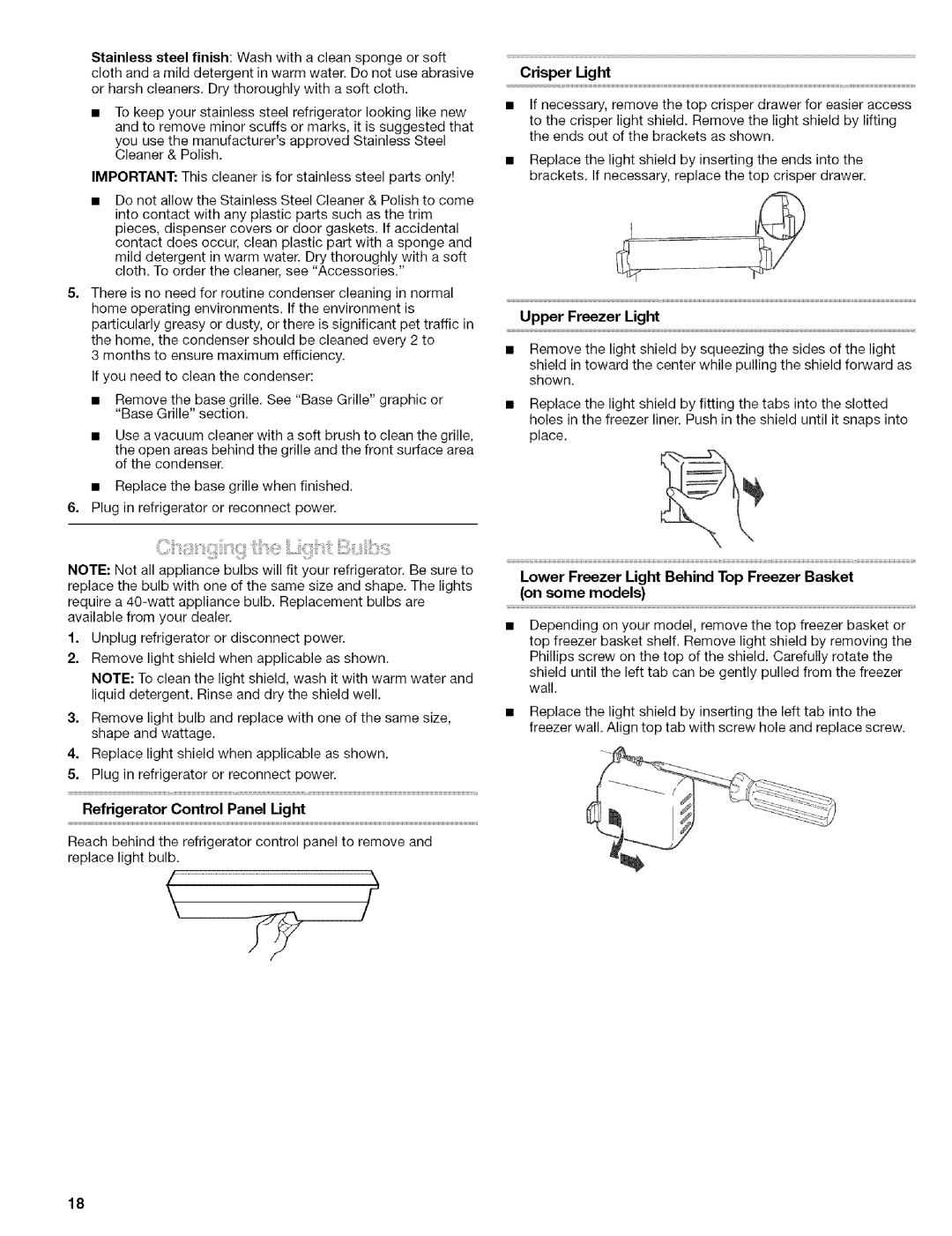 Kenmore 2305761A manual Lower Freezer Light Behind Top Freezer Basket on some models 