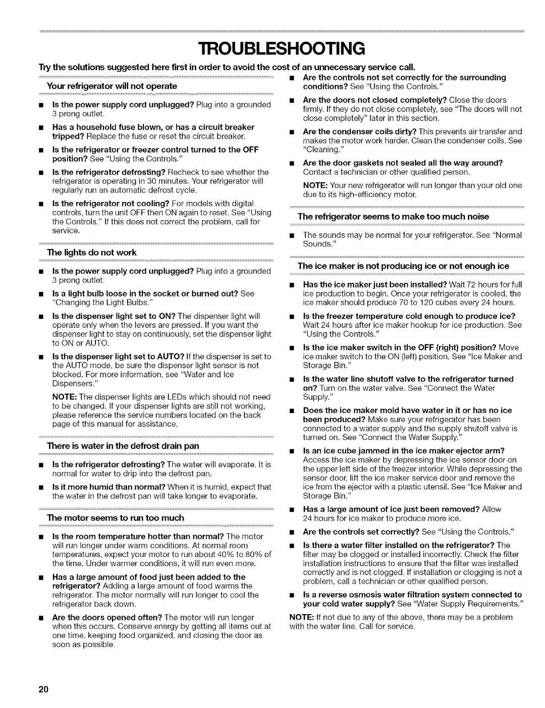 Kenmore 2305761A manual Troubleshooting, Ice maker is not producing ice or not enough ice 