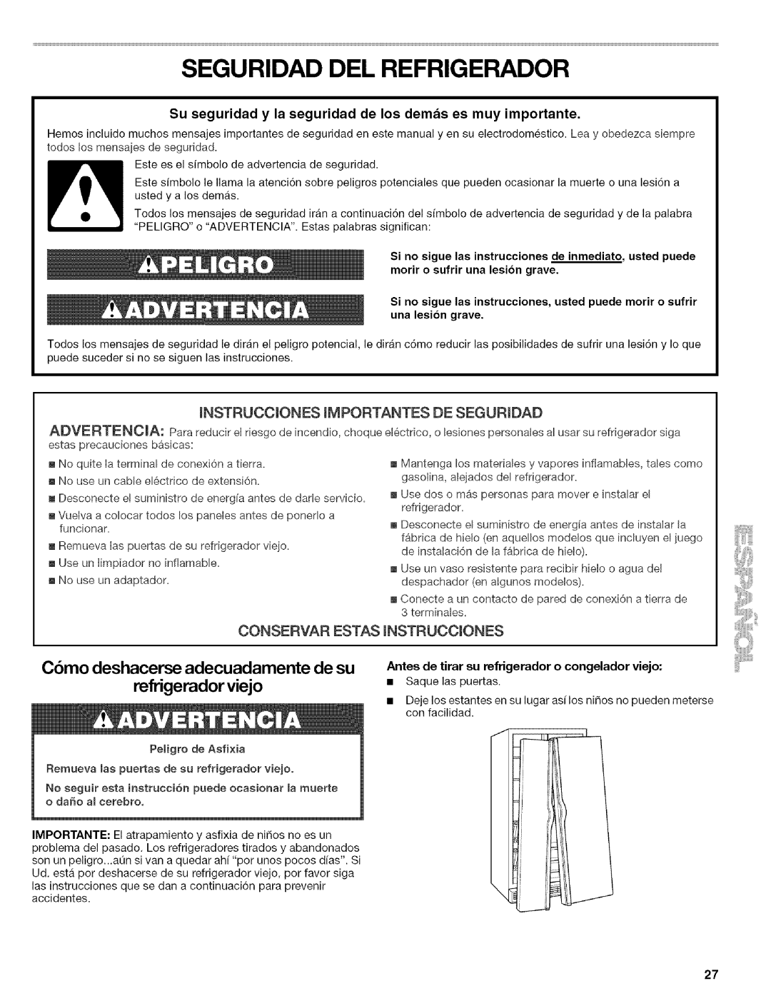 Kenmore 2305761A manual Seguridad DEL Refrigerador, Advertenoa, Antes de tirar su refrigerador o congelador viejo 